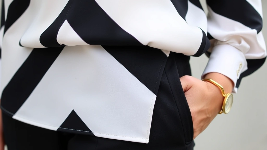 Close-up of bold geometric print blouse styled with tailored black trousers and simple gold jewelry, professional sophisticated styling detail shot