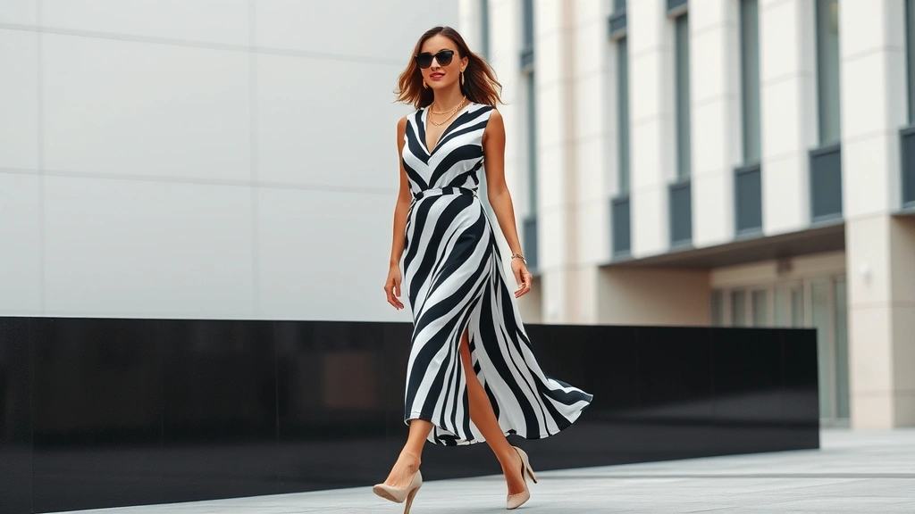 Stylish woman wearing monochromatic black and white striped bold print dress with minimal gold jewelry, nude heels, neutral accessories, walking through contemporary urban environment, fashion editorial aesthetic