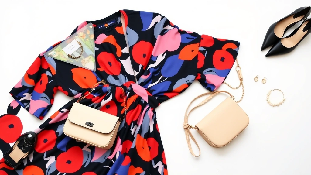 Fashion flat lay showing bold patterned dress, neutral accessories including cream bag, black heels, delicate jewelry arranged artfully on white background