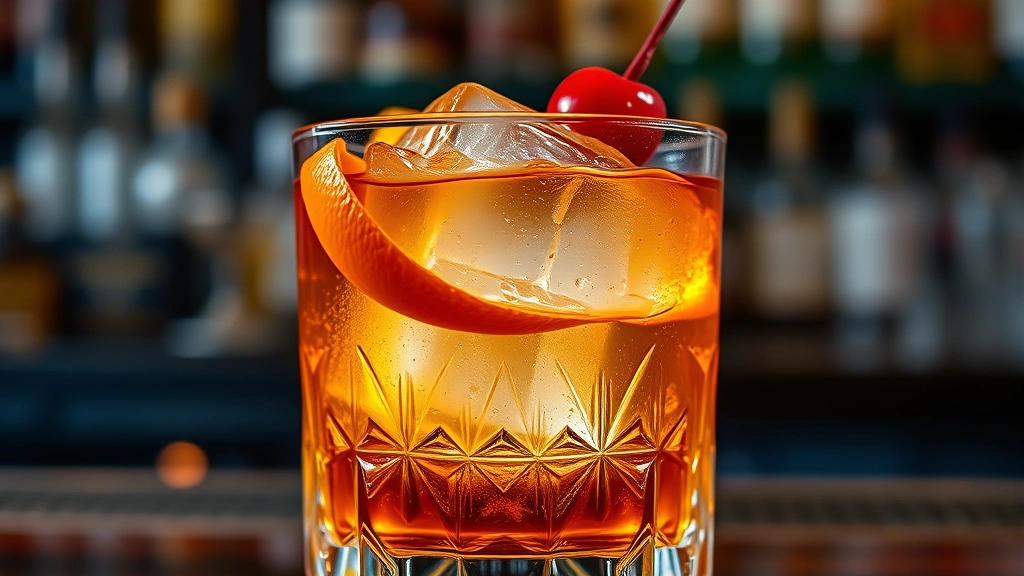 Close-up of a perfectly crafted Old Fashioned cocktail with large ice cube, orange peel twist, and cherry garnish in a crystal rocks glass, amber whiskey glowing under warm lighting, professional bar setting