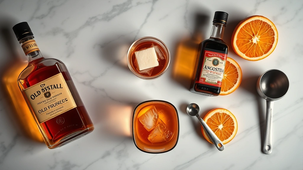 Overhead flat lay arrangement of Old Fashioned cocktail ingredients: bourbon bottle, sugar cube, Angostura bitters bottle, bar spoon, mixing glass, jigger, and fresh orange on marble countertop with elegant styling