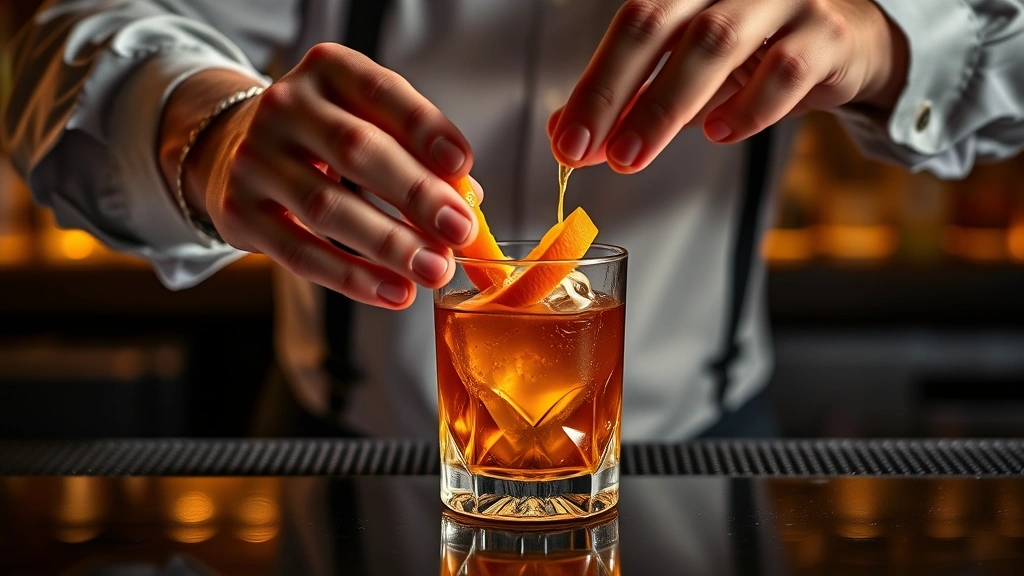 Bartender's hands expertly expressing orange peel oils over an Old Fashioned cocktail in a rocks glass, dramatic professional bar lighting, showing technique and craftsmanship in action
