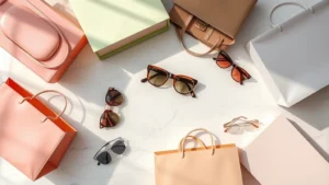 Overhead flat lay of fashion shopping bags in neutral and pastel colors on marble floor with sunglasses and designer accessories artfully arranged, bright natural lighting