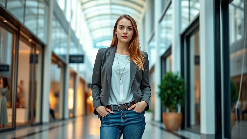 Woman in trendy outfit standing in modern mall corridor with contemporary storefronts, wearing tailored blazer and stylish jeans, confident pose, natural daylight