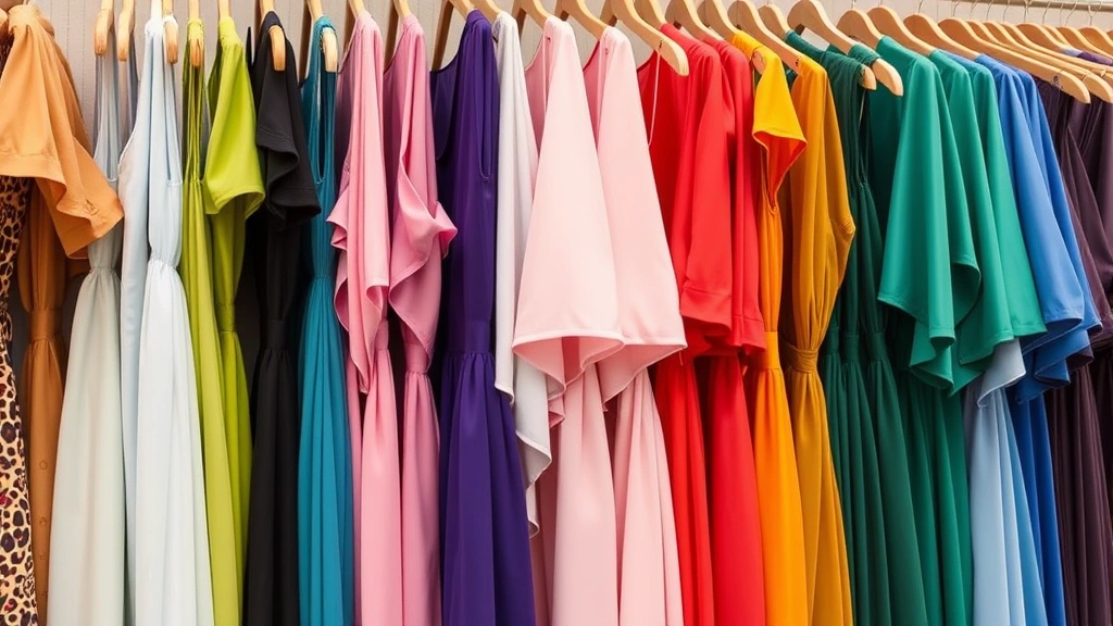 Close-up of perfectly organized clothing rack displaying colorful dresses and tops in ascending color gradient, showing retail display excellence and fashion variety