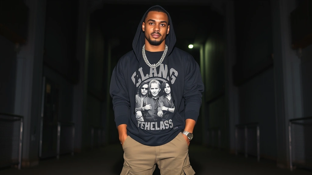 Black oversized hoodie layered over a vintage band tee, styled with cargo pants and chunky silver chains, worn by a man standing confidently against a dark urban backdrop with moody lighting