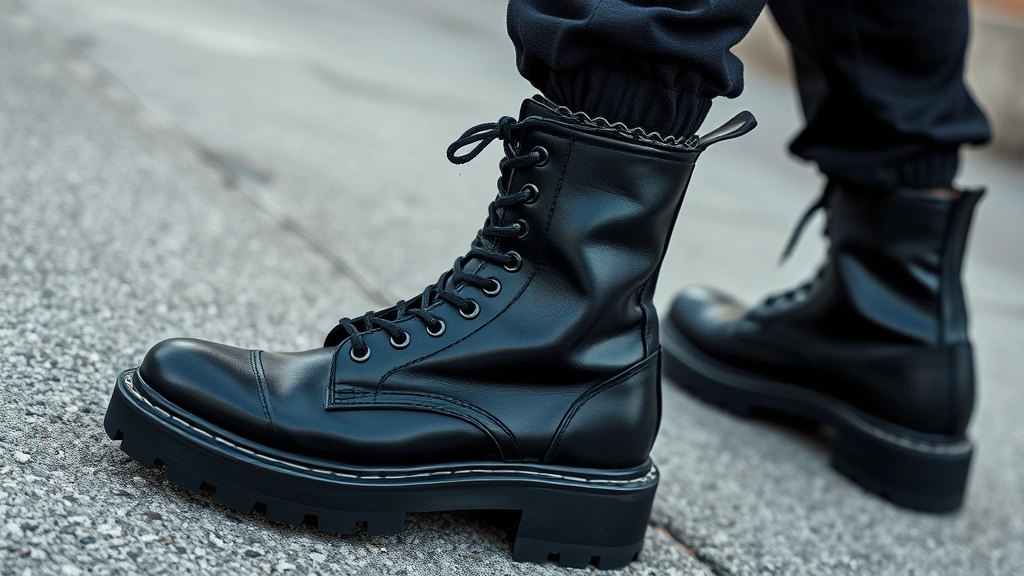Close-up detail shot of black leather combat boots with metal hardware and thick soles, paired with dark cargo pants and visible chain jewelry, against a textured concrete surface