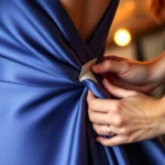 Close-up detail of a professional stylist expertly applying double-sided fashion tape to the interior seam of a luxurious silk evening gown, showing hands and the delicate fabric adjustment, warm studio lighting, professional fashion styling environment