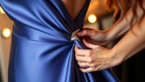 Close-up detail of a professional stylist expertly applying double-sided fashion tape to the interior seam of a luxurious silk evening gown, showing hands and the delicate fabric adjustment, warm studio lighting, professional fashion styling environment