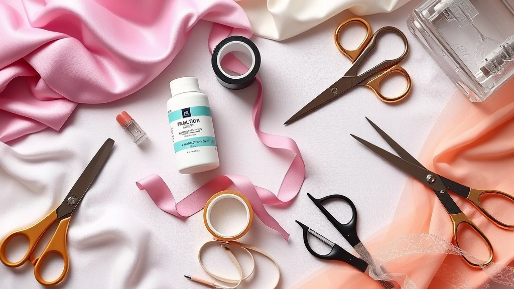 Overhead flat-lay composition of premium fashion tape products, scissors, and styling tools arranged artfully with swatches of various fabrics including silk, satin, and tulle, natural daylight, professional styling kit aesthetic