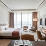 Minimalist hotel room with neutral tones, contemporary furniture, and designer lighting fixtures; fashion magazine on desk; floor-to-ceiling windows with natural light; no visible text or logos