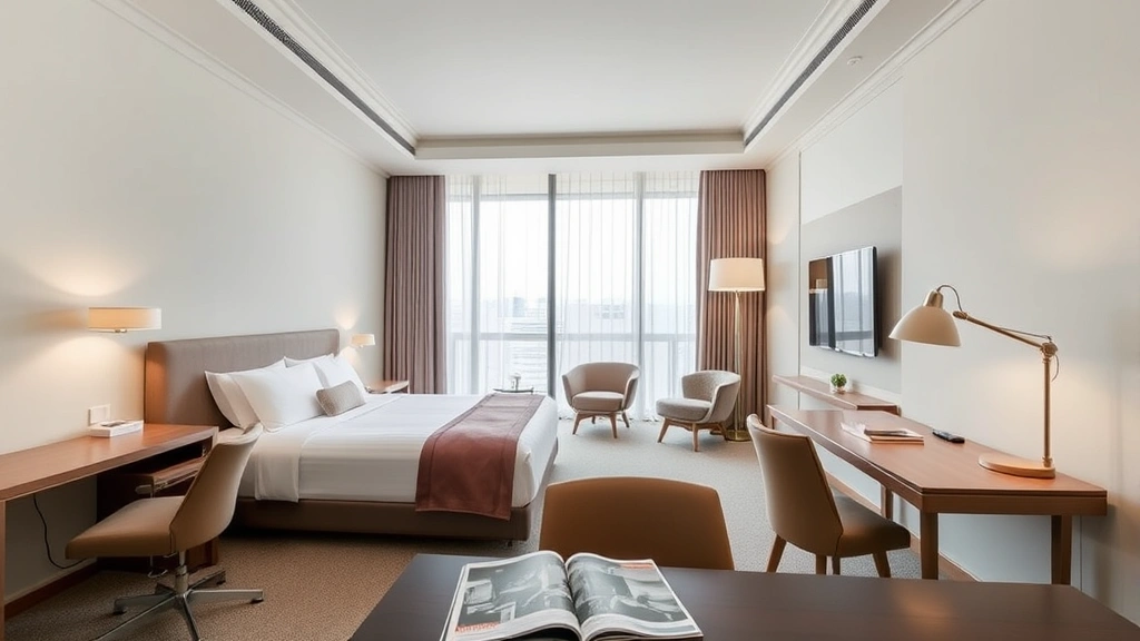 Minimalist hotel room with neutral tones, contemporary furniture, and designer lighting fixtures; fashion magazine on desk; floor-to-ceiling windows with natural light; no visible text or logos