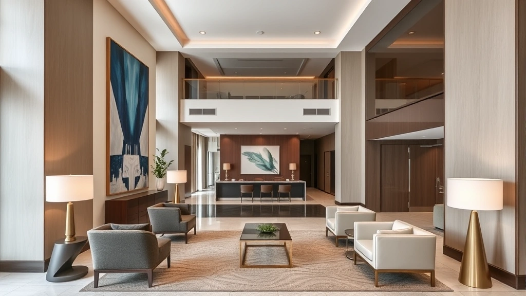 Elegant hotel lobby with statement artwork, sleek architectural details, premium materials, and modern seating arrangements; sophisticated ambiance; bright natural lighting; no signage visible