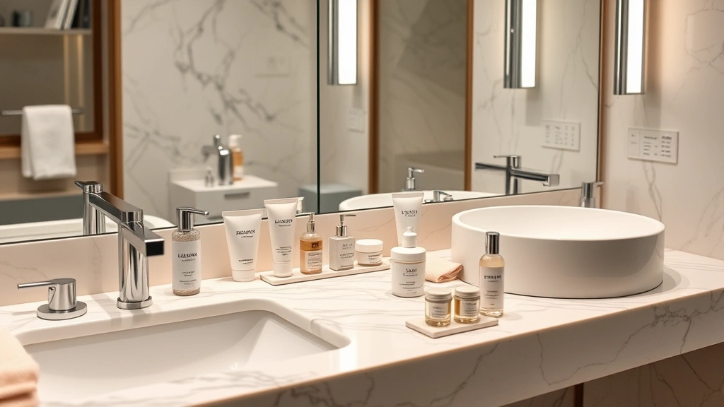 Designer bathroom with marble counters, premium toiletries in minimalist packaging, contemporary fixtures, soft lighting, and luxury amenities arranged artfully; no brand names or text visible