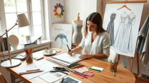 Fashion designer sketching elegant dress designs at wooden studio desk with fabric swatches, colored pencils, and mood board inspiration scattered around, natural window lighting