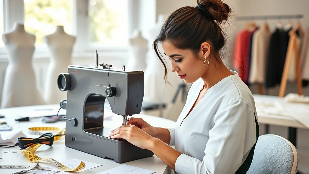 Fashion design student working at sewing machine stitching garment prototype, surrounded by pattern pieces, measuring tape, and professional tailoring tools in bright studio