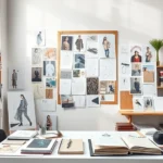 High-fashion designer workspace with fabric swatches, mood boards, and sketchbooks arranged artistically, natural lighting, minimalist modern studio aesthetic, photorealistic