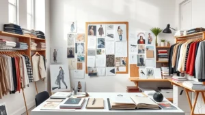 High-fashion designer workspace with fabric swatches, mood boards, and sketchbooks arranged artistically, natural lighting, minimalist modern studio aesthetic, photorealistic