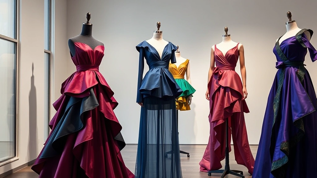 Luxury sustainable fashion collection featuring bold jewel-tone fabrics, layered textures, and innovative materials displayed on dress forms, contemporary gallery setting, photorealistic