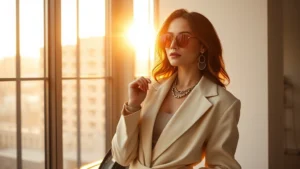 Fashion influencer in minimalist neutral outfit styled with luxury accessories, photographed in golden hour natural light near a modern window, confident pose