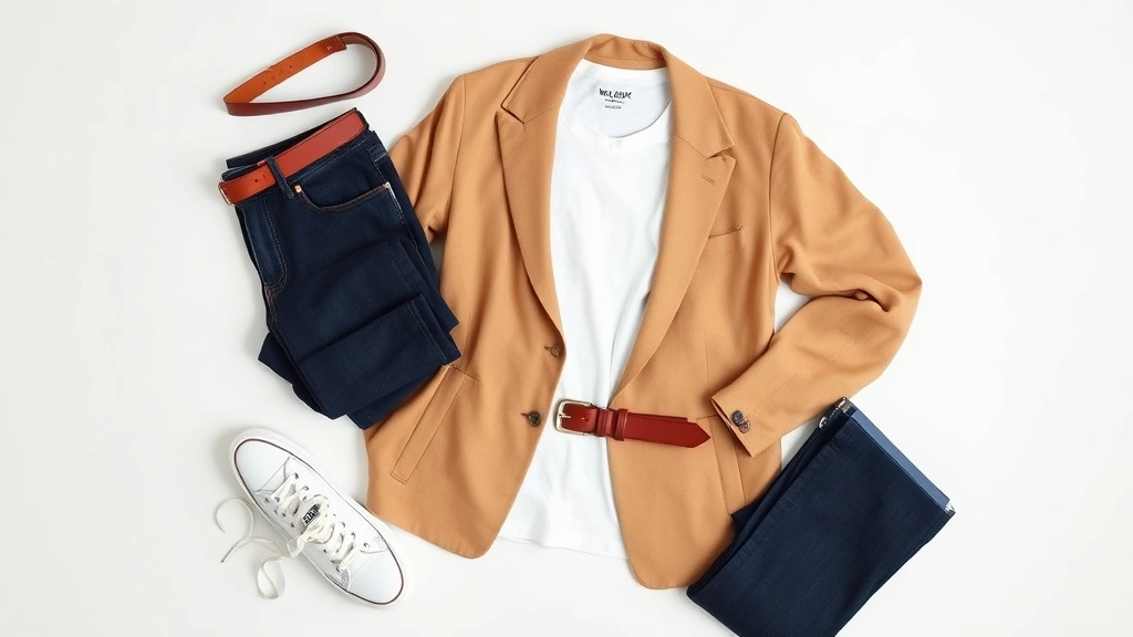 Overhead flat lay of capsule wardrobe basics: white tee, camel blazer, dark denim, leather belt, sneakers arranged aesthetically on light background