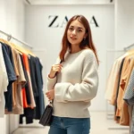 Stylish young woman browsing Zara clothing racks in modern minimalist store with white walls and soft lighting, holding trendy pieces, confident shopping expression