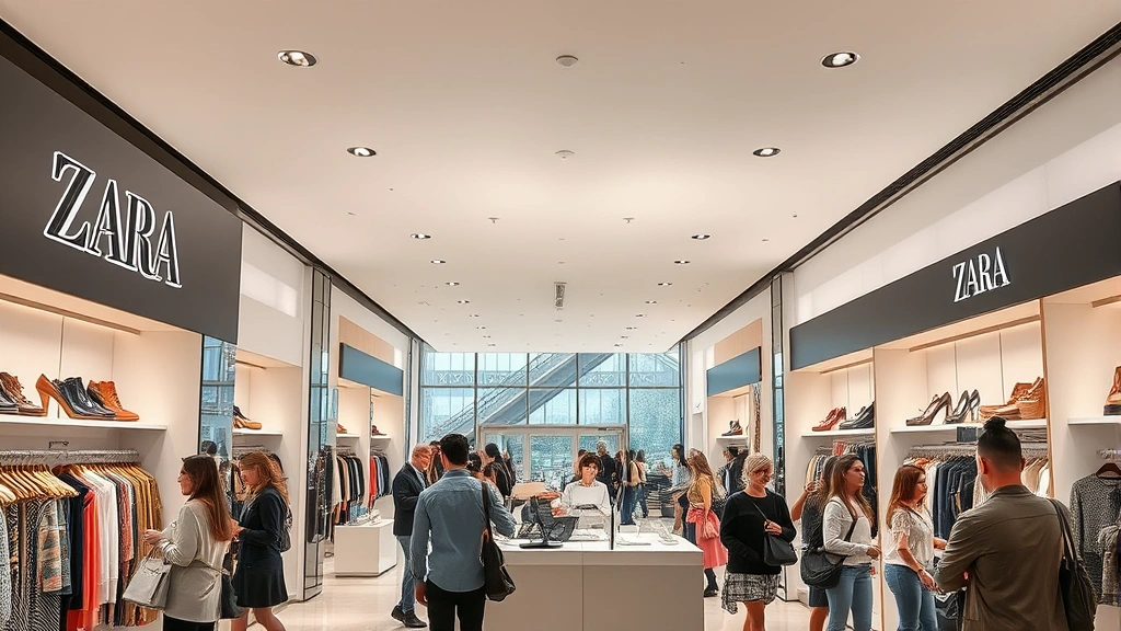 Busy Zara store interior with customers shopping, modern checkout counter, well-organized merchandise displays, natural lighting, contemporary fashion retail atmosphere, diverse shoppers