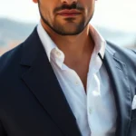 Italian man wearing perfectly tailored white dress shirt with navy blazer, crisp styling, Mediterranean background, natural lighting, confident posture, close-up of torso showing impeccable fit