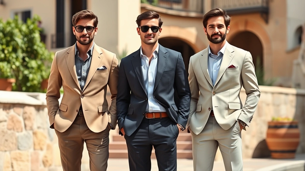 Italian men wearing tailored blazers and fitted trousers in neutral tones, standing confidently with relaxed posture, Mediterranean architecture background, casual yet elegant demeanor, natural daylight