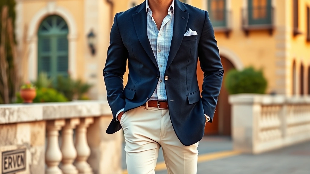 Man in tailored navy blazer and cream trousers, standing near Mediterranean-style architecture, demonstrating effortless Italian elegance, quality leather shoes visible, sophisticated casual styling, warm golden hour lighting