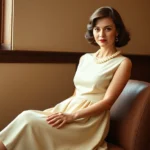 Woman wearing 1960s style A-line cream dress with pearls, sitting elegantly in natural light, vintage aesthetic, sophisticated pose, no text or logos visible