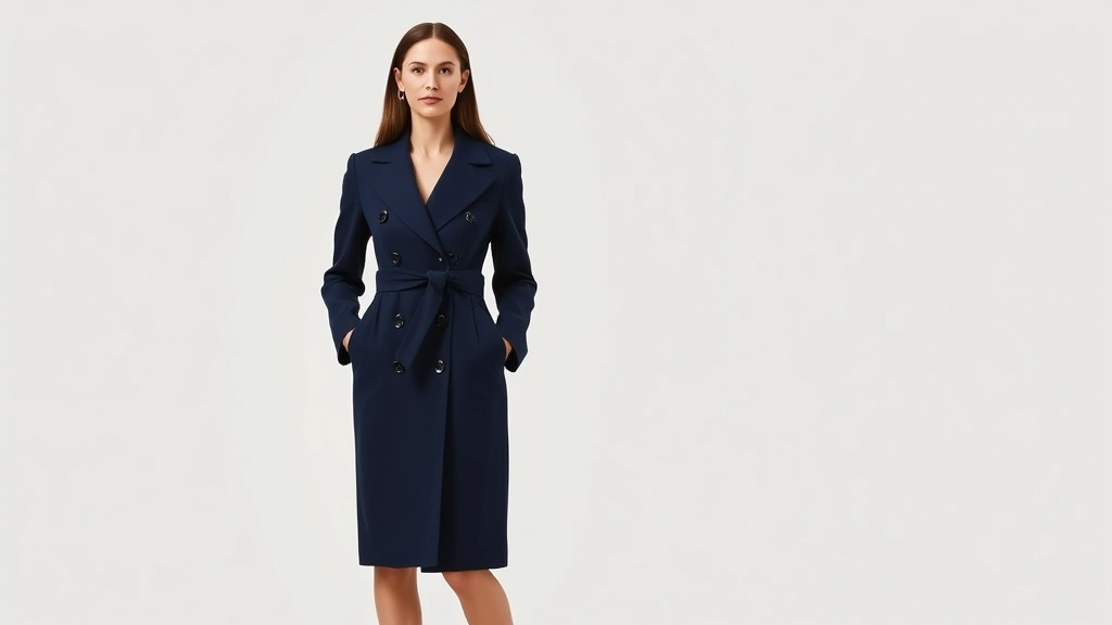 Woman in tailored navy coat dress with perfect proportions, standing confidently, neutral background, professional photography, sophisticated fashion styling, clean composition
