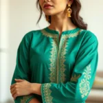 Woman wearing elegant emerald green Kalki Fashion kurta with gold embroidery, standing confidently in modern minimalist interior, natural daylight, professional styling, close-up of embroidery details visible on sleeve