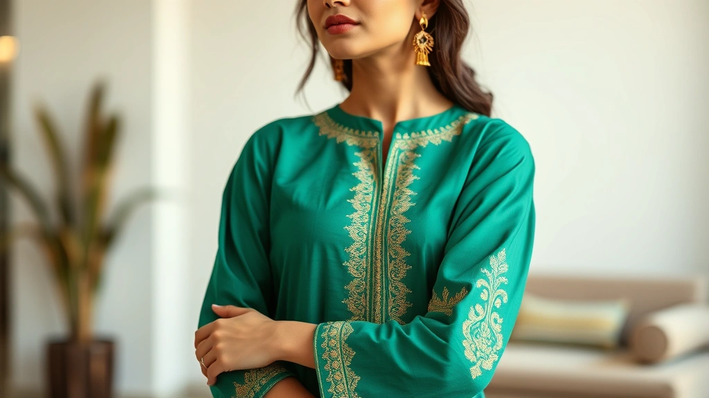 Woman wearing elegant emerald green Kalki Fashion kurta with gold embroidery, standing confidently in modern minimalist interior, natural daylight, professional styling, close-up of embroidery details visible on sleeve