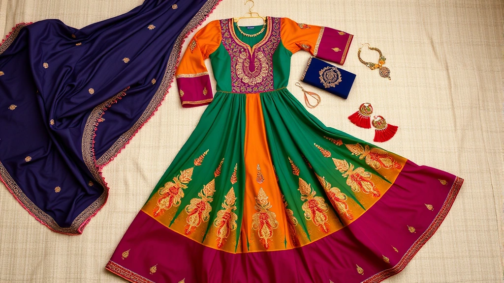 Flat lay of Kalki Fashion collection pieces: flowing anarkali in jewel tones, embellished dupatta, coordinating accessories, arranged artistically on neutral textile background, showcasing color palette and craftsmanship