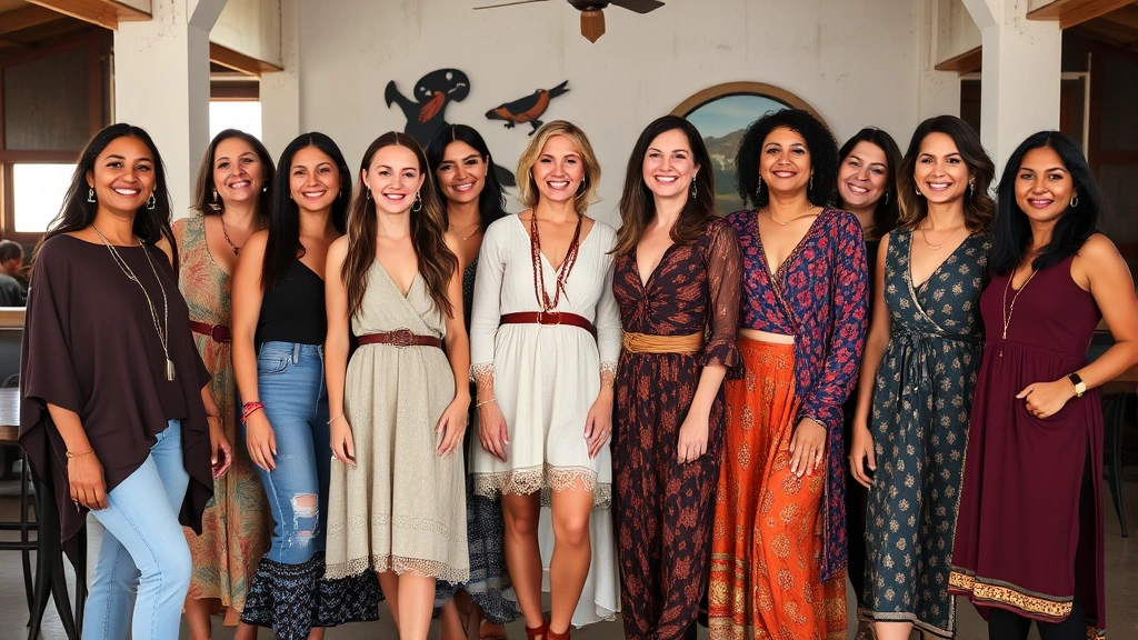 Group of diverse women wearing different Kalki Fashion pieces at casual Texas venue, showcasing versatility from casual to elevated styling, natural lighting, genuine smiles, representing style diversity and inclusivity