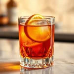 Elegant crystal rocks glass containing amber cocktail with single ice sphere and fresh citrus twist, soft warm lighting, marble surface background, luxury bar aesthetic, professional photography