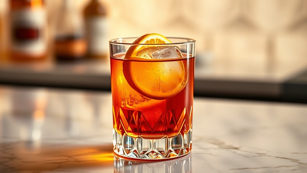 Elegant crystal rocks glass containing amber cocktail with single ice sphere and fresh citrus twist, soft warm lighting, marble surface background, luxury bar aesthetic, professional photography