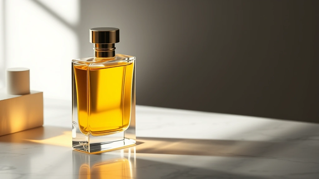 Luxury fragrance bottle with sophisticated minimalist design, golden liquid visible through clear glass, dramatic side lighting creating depth, positioned on white marble surface with subtle shadows