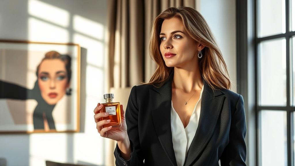 Sophisticated woman in tailored blazer holding fragrance bottle, natural window lighting, refined expression, modern interior setting with contemporary art, embodying luxury and personal style
