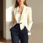 Elegant woman wearing tailored cream blazer with structured shoulders, perfectly fitted navy trousers, and vintage pearl necklace, standing in minimalist setting with natural light