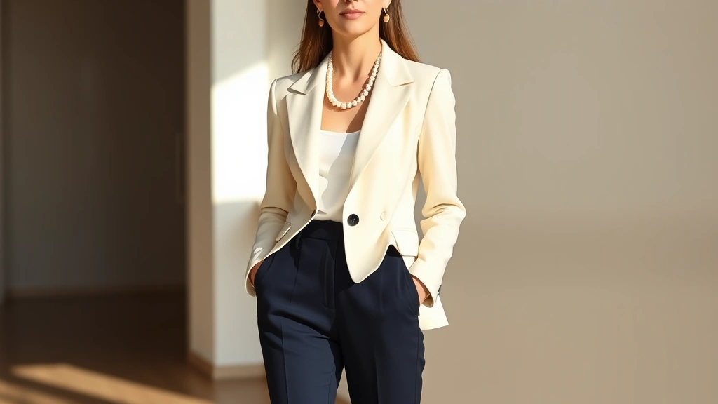 Elegant woman wearing tailored cream blazer with structured shoulders, perfectly fitted navy trousers, and vintage pearl necklace, standing in minimalist setting with natural light