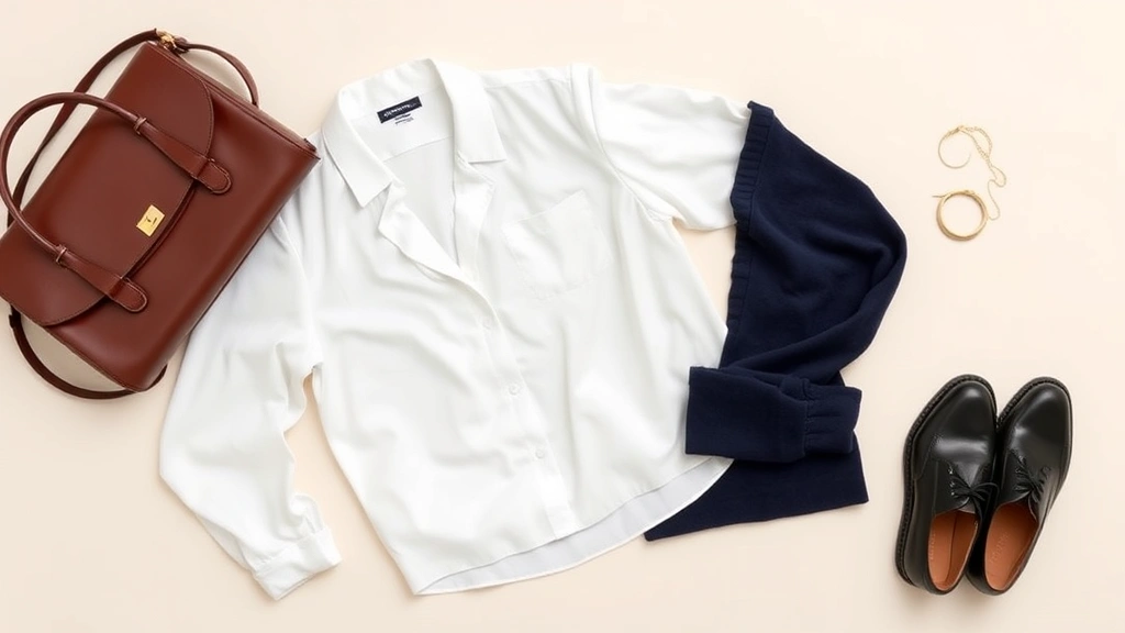 Overhead flat lay of classic wardrobe essentials: white silk blouse, navy cashmere sweater, structured leather handbag, delicate gold jewelry, and polished oxford shoes on cream background