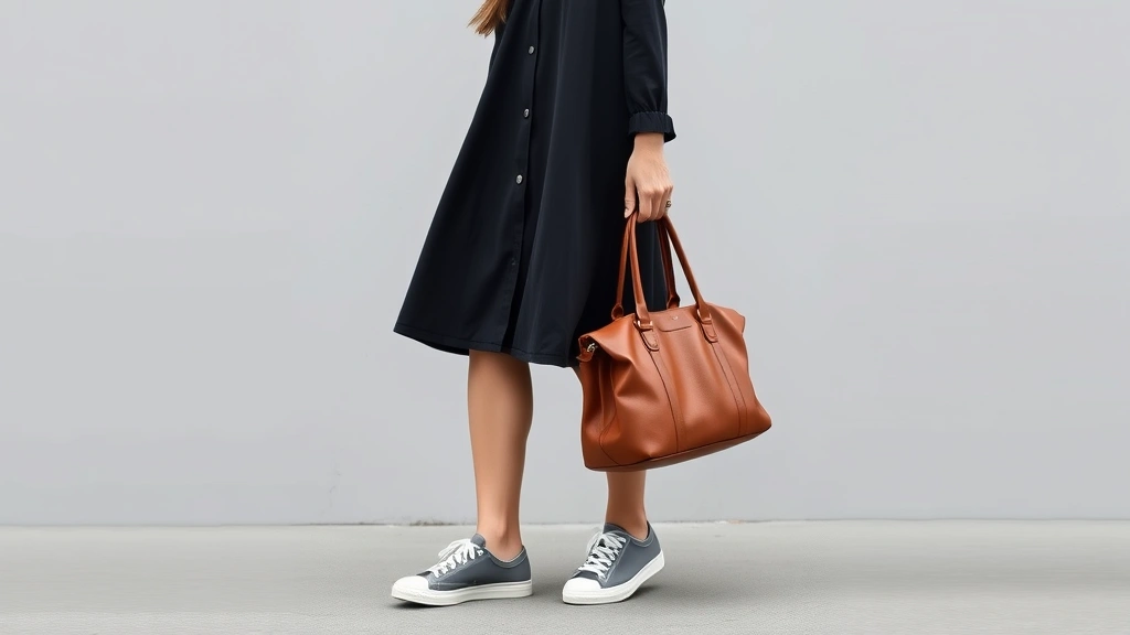 Sophisticated woman in vintage-inspired outfit combining classic A-line dress with modern minimalist sneakers, holding structured leather satchel, demonstrating contemporary-vintage style blend