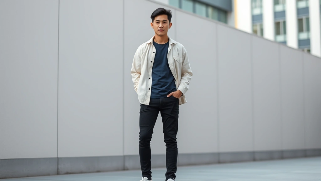Asian male model wearing cream oversized button-up over navy fitted t-shirt, black slim jeans, white minimalist leather sneakers, standing against neutral urban background with natural lighting