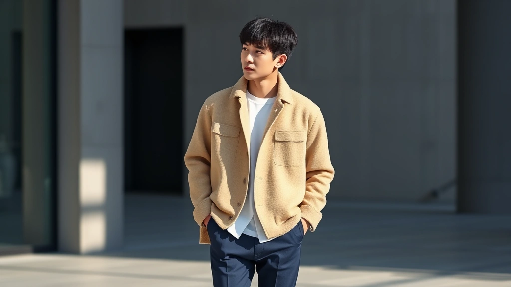 Young man in layered Korean style outfit: beige wool overshirt, white undershirt visible at collar and cuffs, navy trousers, clean white sneakers, photographed outdoors in natural daylight with soft shadows