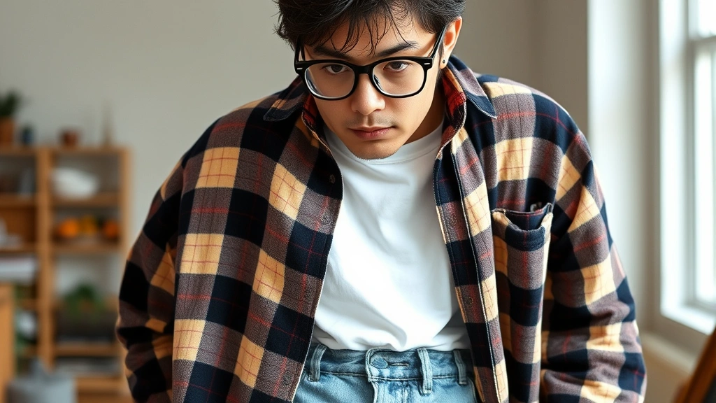 Vintage oversized flannel shirt in faded plaid pattern layered over plain white t-shirt, worn denim with natural distressing, thick-framed eyeglasses, minimalist styling, authentic 90s grunge aesthetic, natural lighting, casual indoor setting