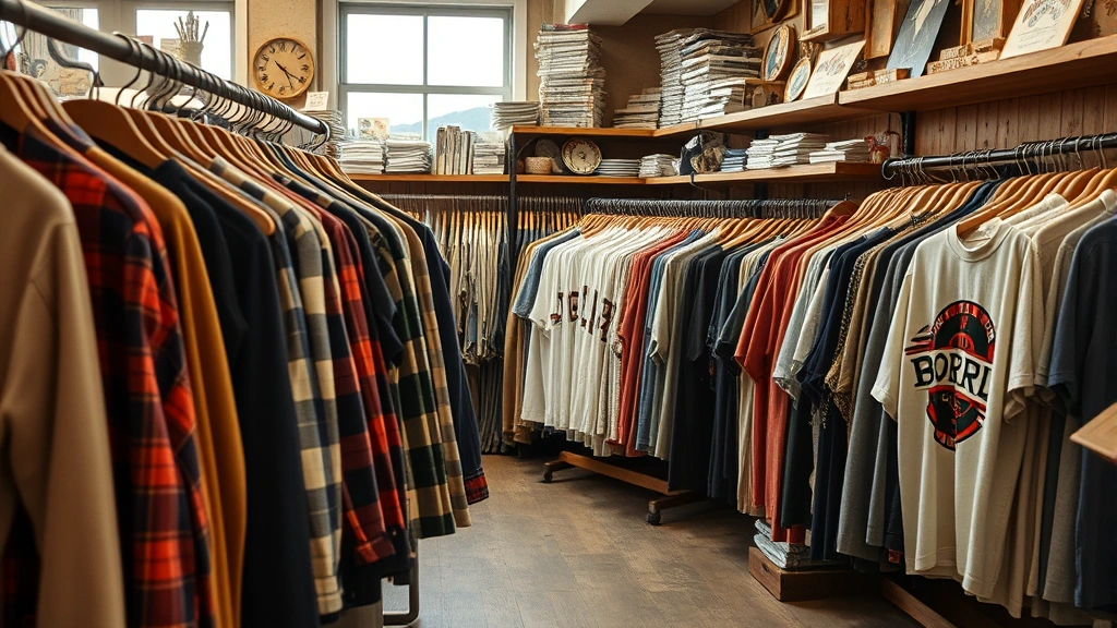 Thrift store scene with organized racks of vintage cardigans, flannel shirts, and band t-shirts in neutral earth tones, worn wooden shelving, natural daylight, authentic vintage retail environment, no people visible