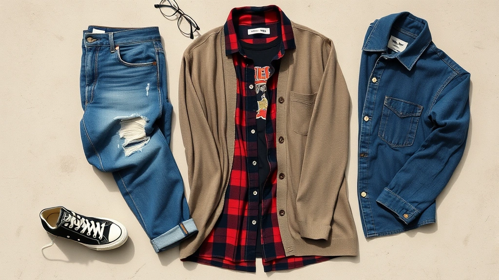 Styled flat lay of grunge essentials: worn Converse sneakers, distressed denim, oversized cardigan, flannel shirt, vintage band t-shirt, thick-framed glasses, all arranged on neutral background with natural textures and shadows