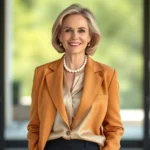Elegant mature woman wearing tailored camel blazer over cream silk blouse with pearl necklace and dark trousers, photographed in natural light with soft focus background, radiating confidence and sophistication